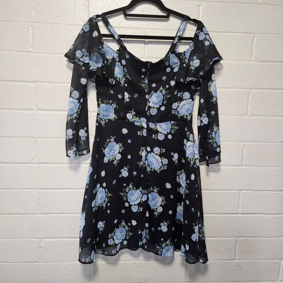 Disney Princess Dress Cold Shoulder Black Blue Floral Size L - Picture 4 of 12